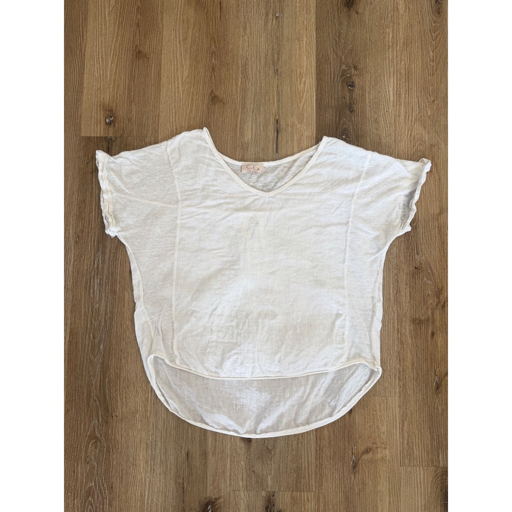 Sosia Boho Minimalist Linen Blend V-Neck High-Low Boxy Blouse Women OS White